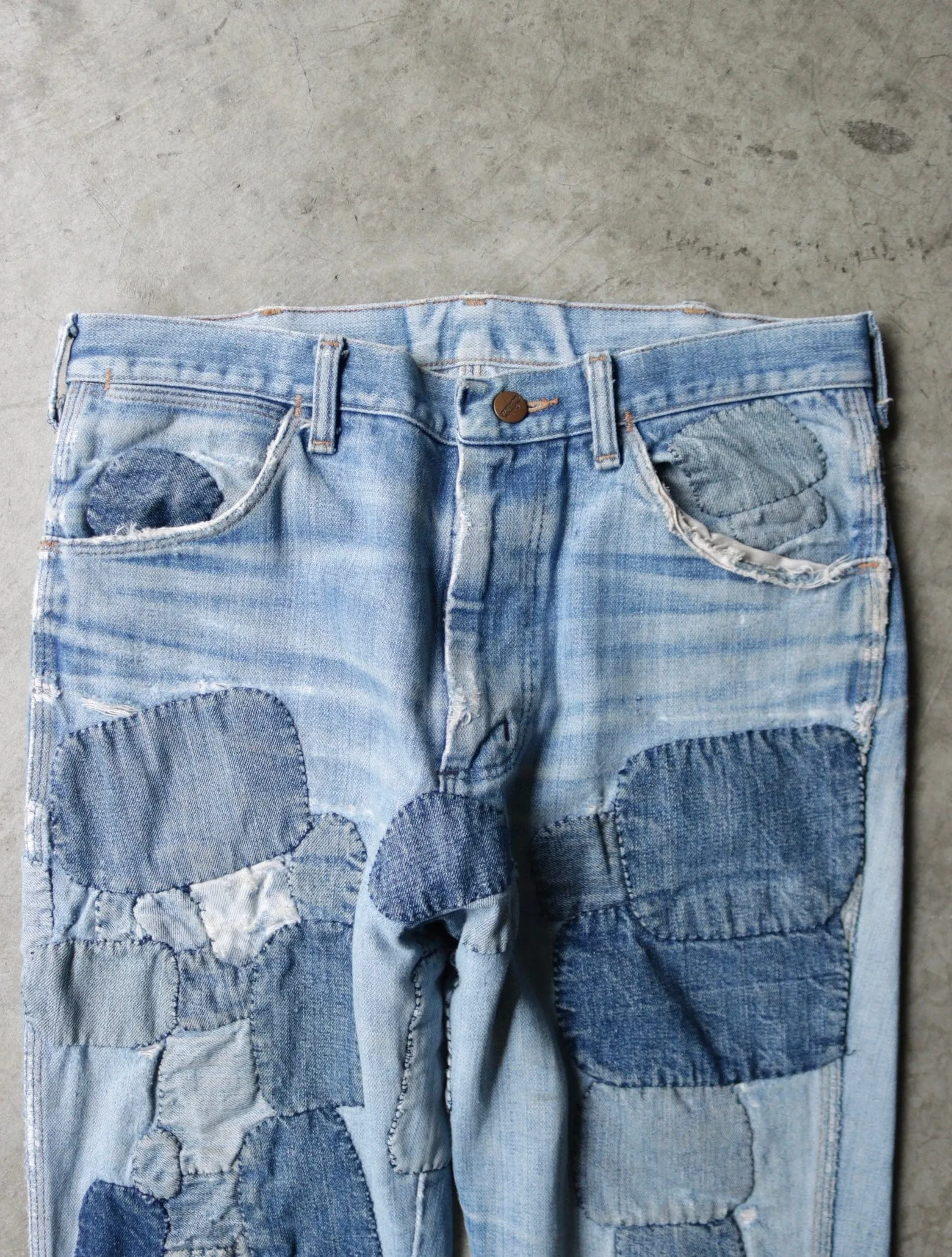 1970S WRANGLER FLARED CACTUS PATCHWORK DENIM PANTS