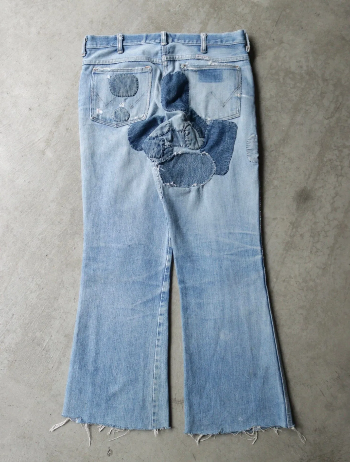 1970S WRANGLER FLARED CACTUS PATCHWORK DENIM PANTS