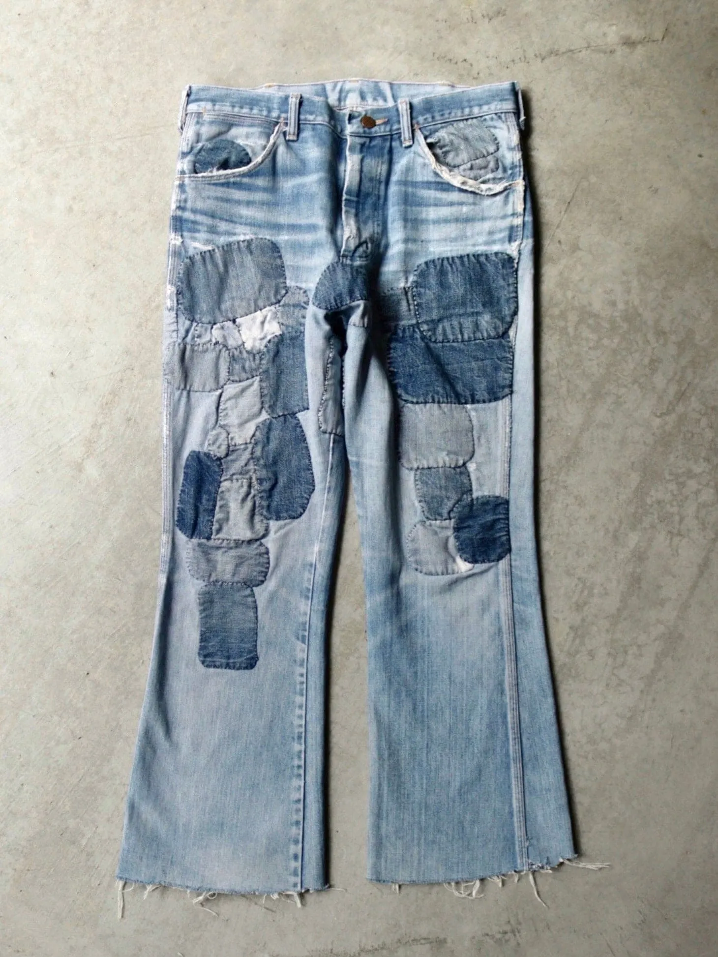 1970S WRANGLER FLARED CACTUS PATCHWORK DENIM PANTS