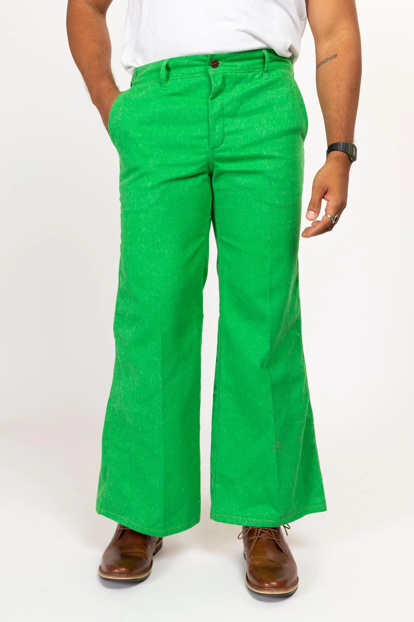 34x30 70s Bright Green Flared Trousers Medium Short