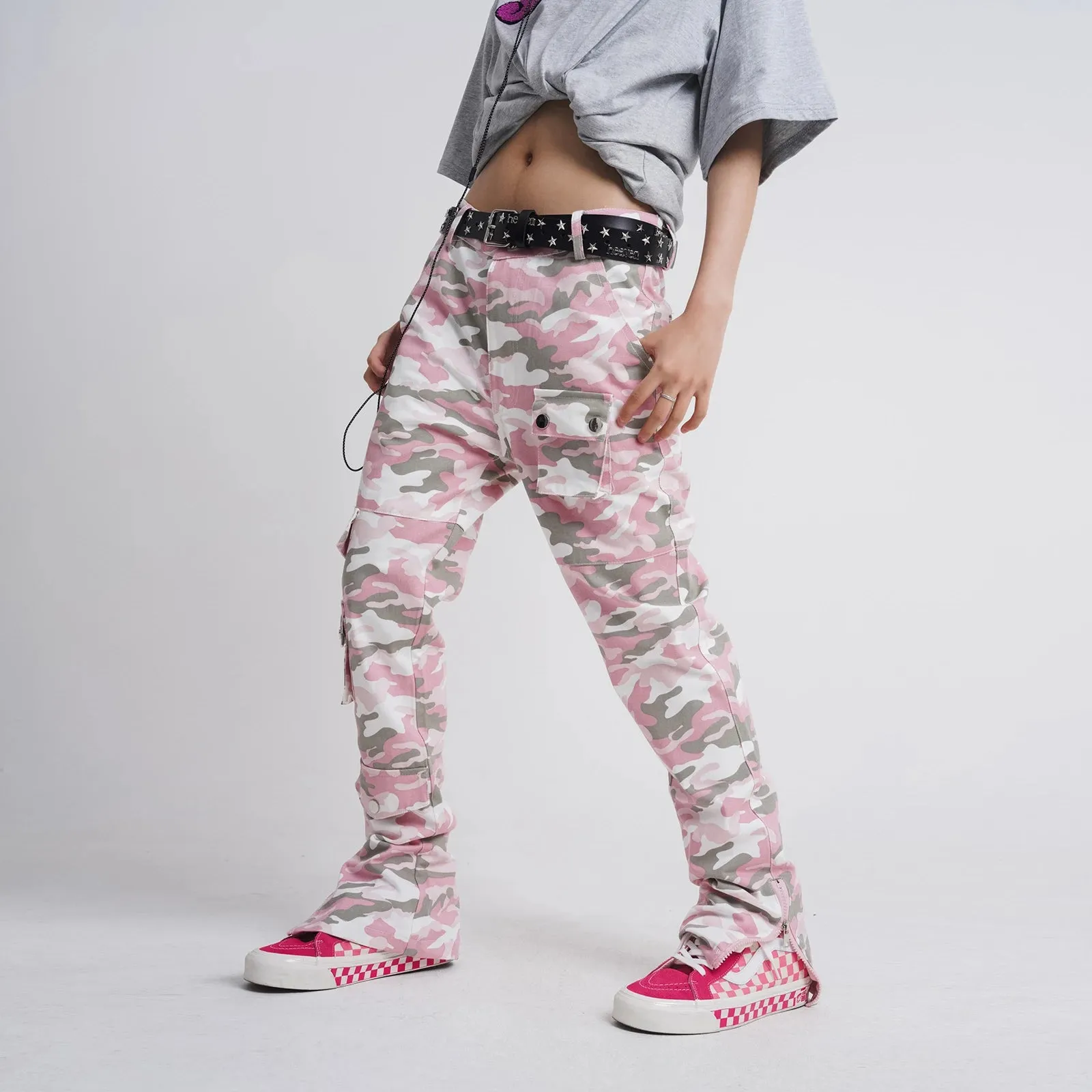 Aidase Fashion Streetwear Pink Camouflage Cargo Pants Hip Hop Multi-pocket Zip Up Trousers Flared Men Y2k Slim Fit Casual Pants Baggy