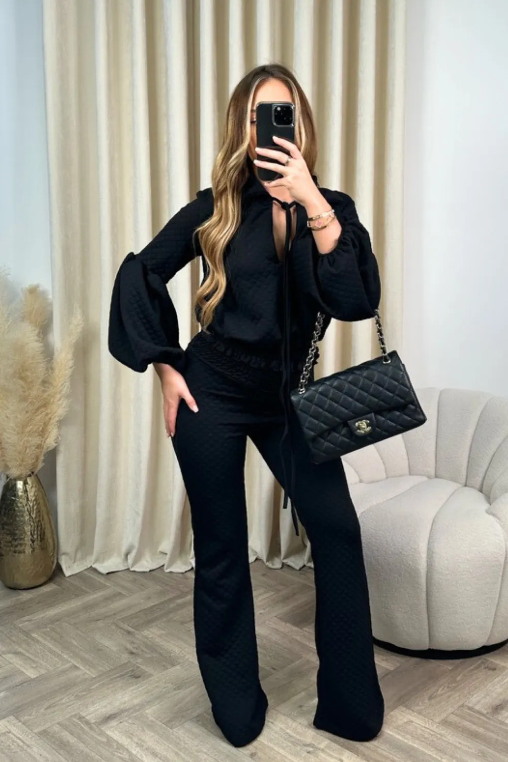 Anastasia black quilted blouse and pants co-ord