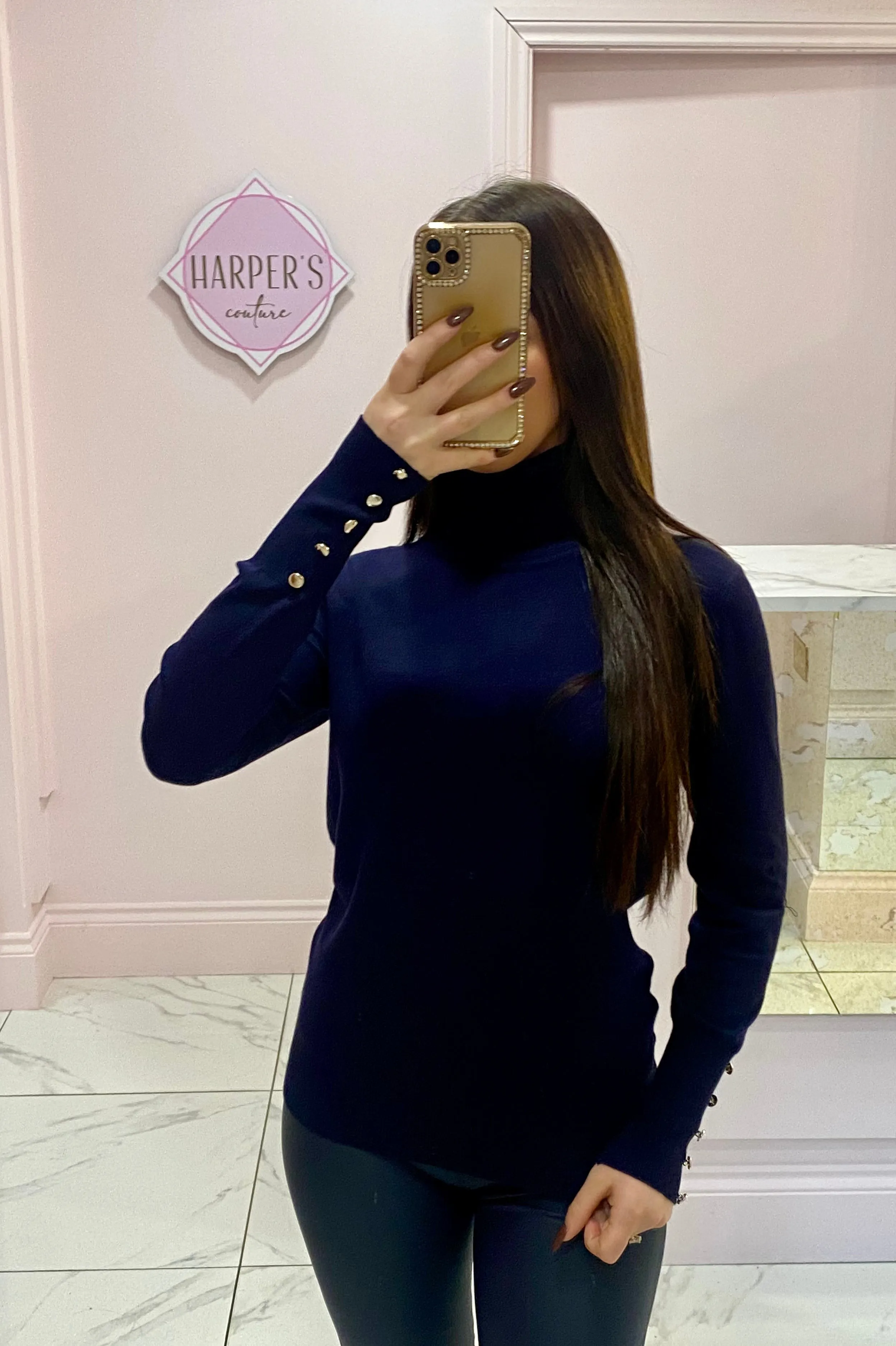 Anna Navy Super Soft Knit Jumper With Gold Buttons