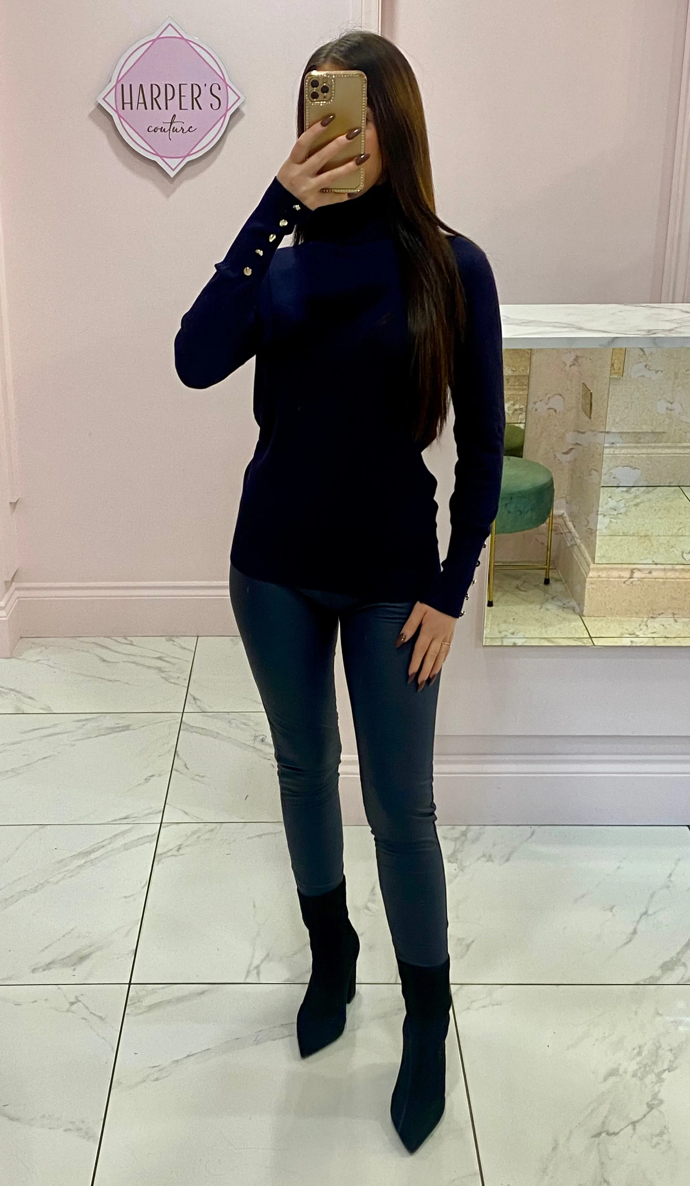 Anna Navy Super Soft Knit Jumper With Gold Buttons