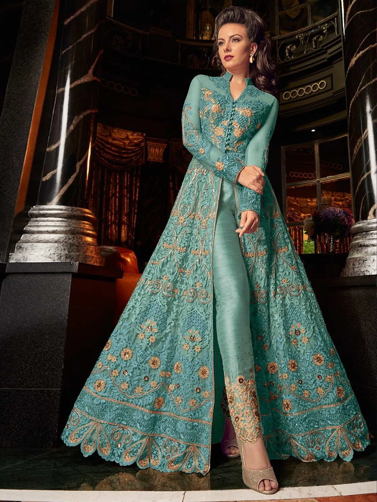 Aqua Blue With Golden Embroidered Lehenga/Pant Suit