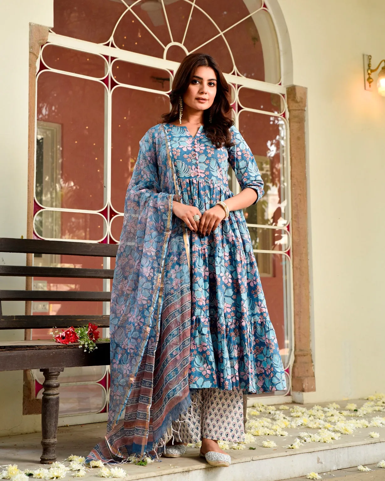 Begu Blue Floral Anarkali Suit Set (Plus Size)