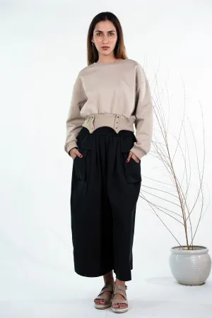 Beige & Black Flared Pants Co-Ord