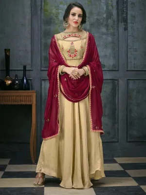 Beige And Red Ethnic Embroidered Anarkali Suit