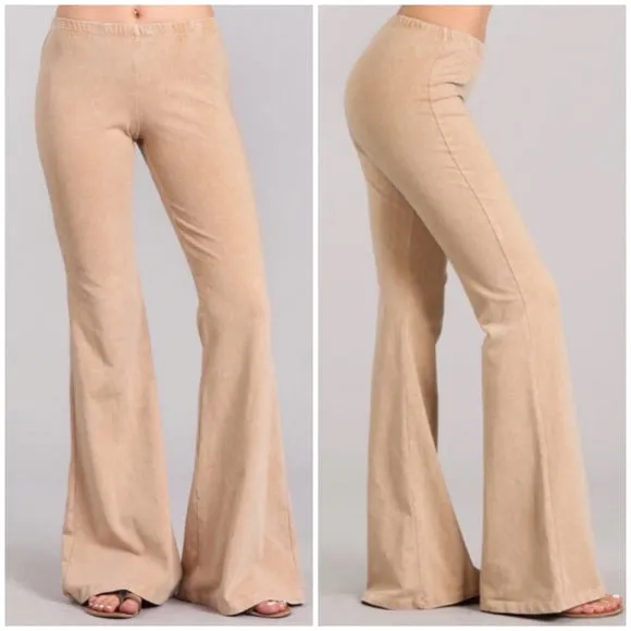 Beige Boho Mineral Wash Flared Bell Bottom Stretch Pull On Pants Womens