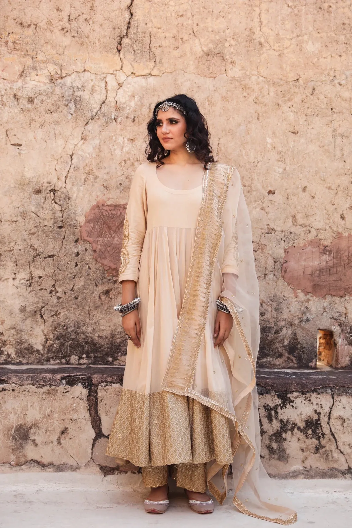 Beige Cotton Anarkali Suit Set