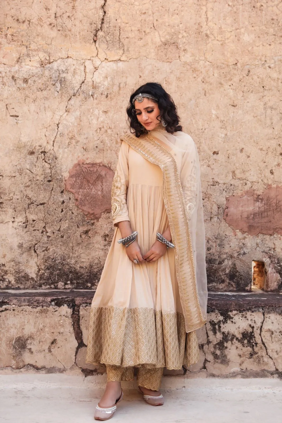 Beige Cotton Anarkali Suit Set