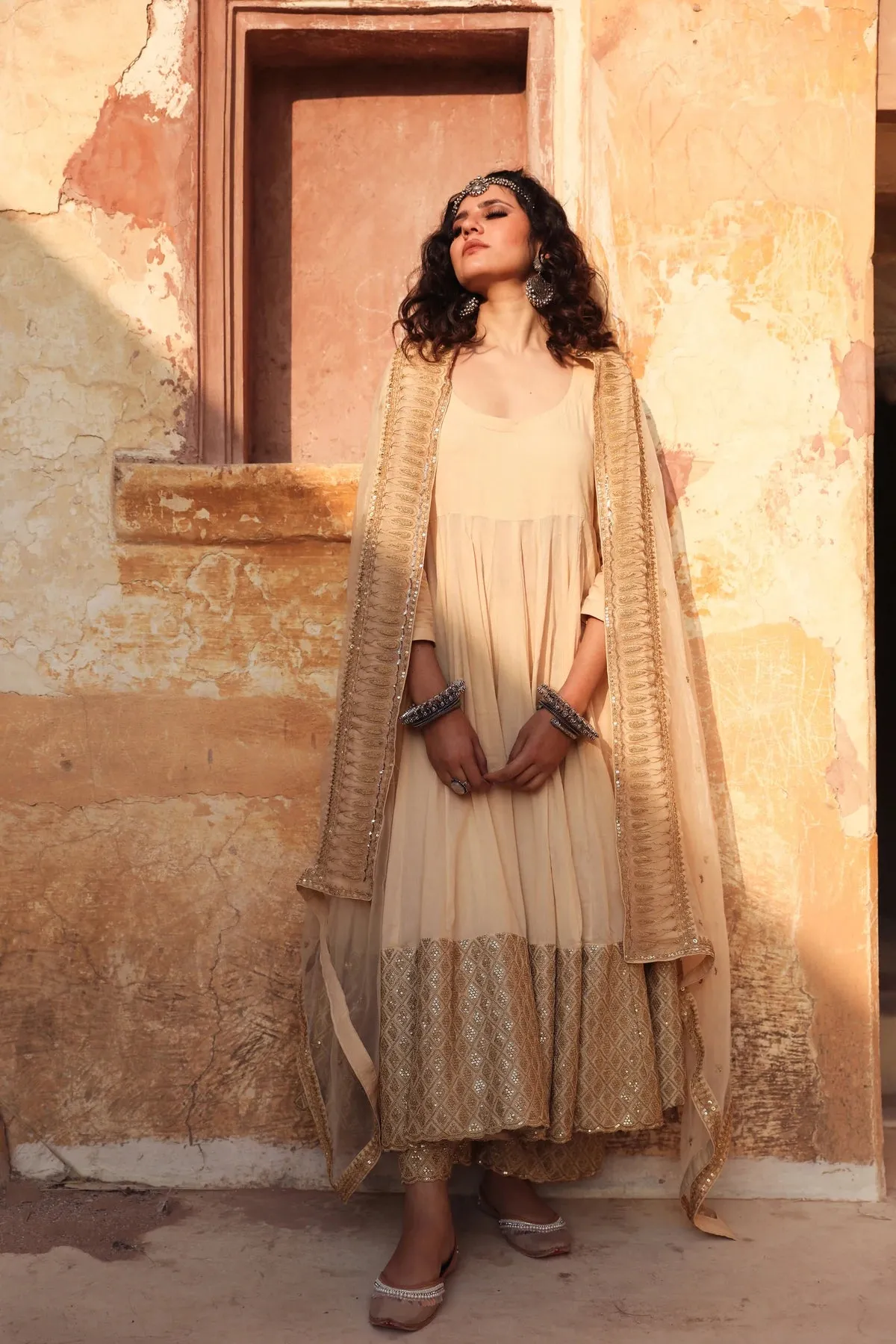 Beige Cotton Anarkali Suit Set