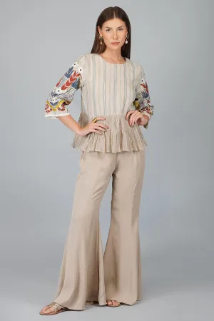 Beige Gathered Applique Top & Pant Set