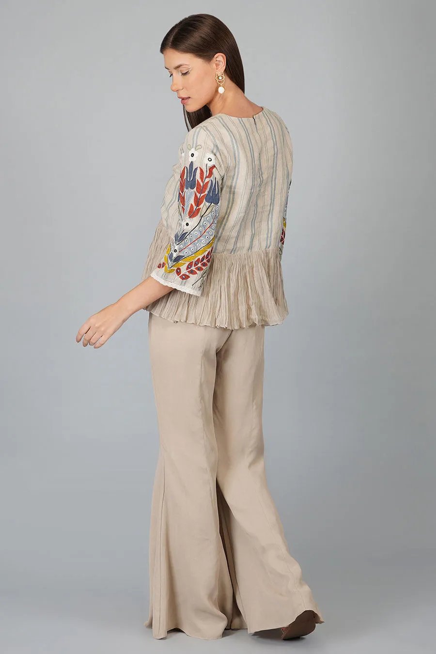 Beige Gathered Applique Top & Pant Set