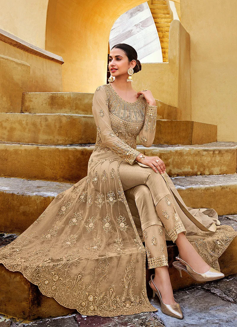 Beige Golden Embroidered Slit Style Anarkali Lehenga/Pant Suit