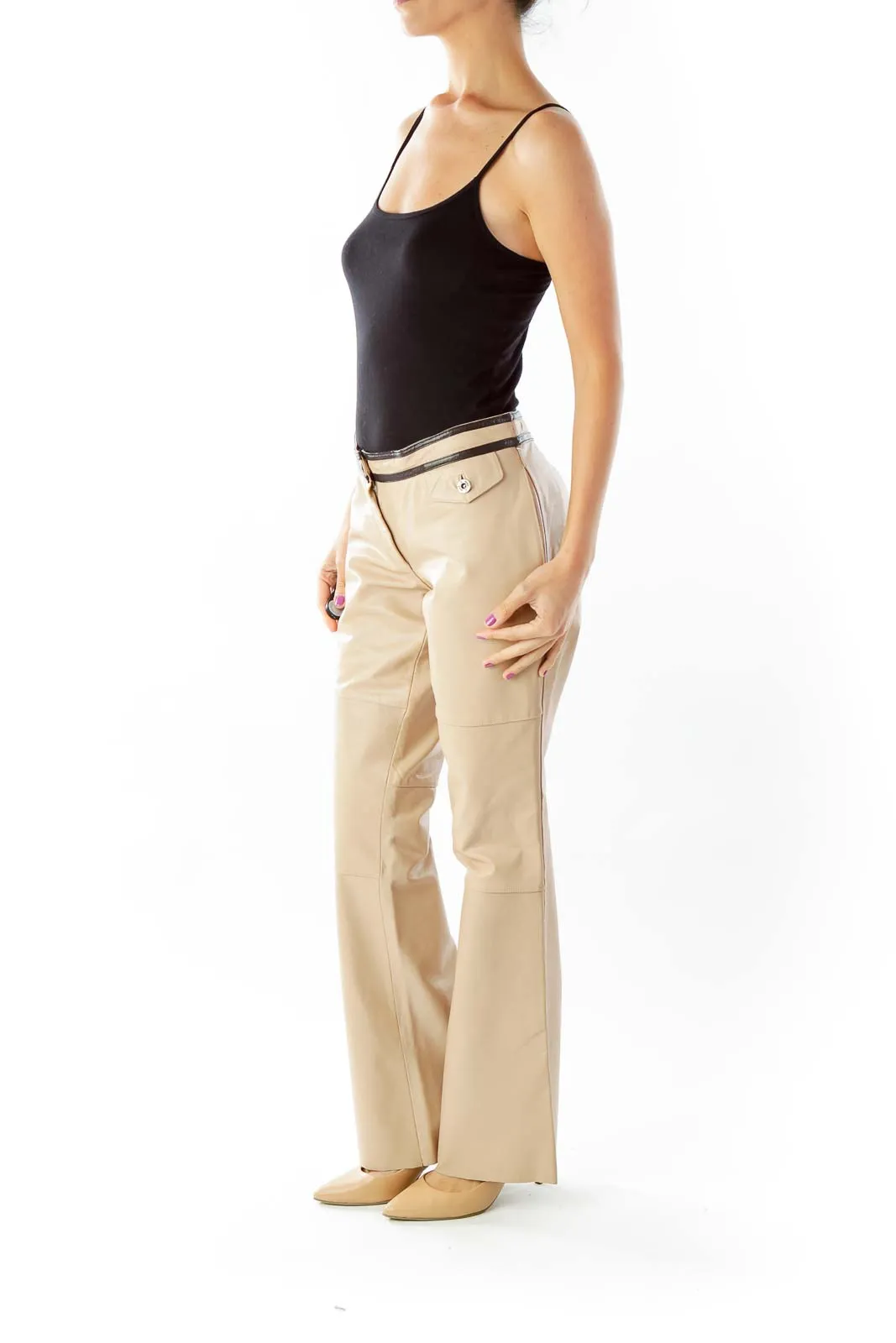 Beige Leather Flared Pants