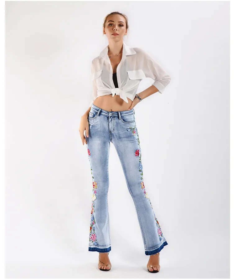 BerriesJam - Flared and Embroidery Floral Skinny Denim Pants