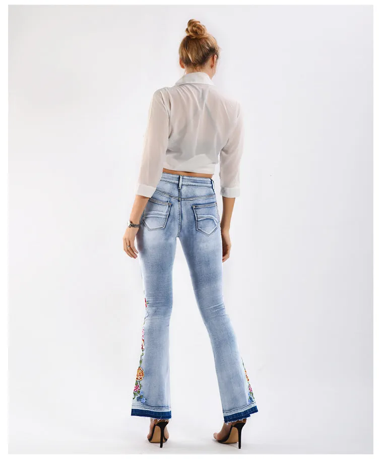 BerriesJam - Flared and Embroidery Floral Skinny Denim Pants