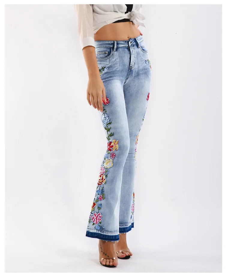 BerriesJam - Flared and Embroidery Floral Skinny Denim Pants