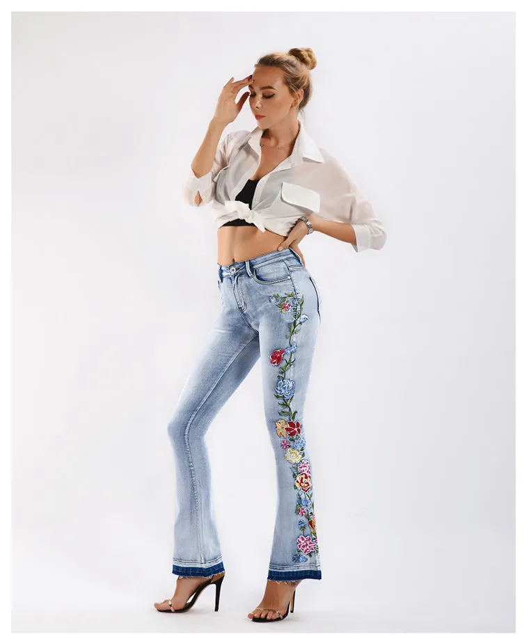 BerriesJam - Flared and Embroidery Floral Skinny Denim Pants