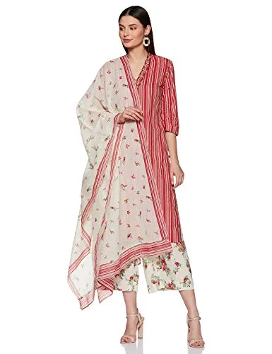 BIBA Women's cotton straight Salwar Suit Set (SKD658936_ Red_ L (36))