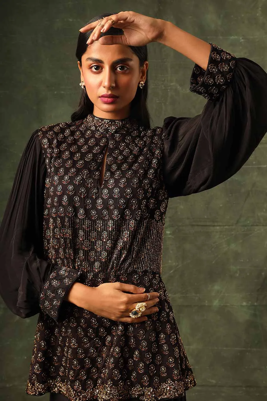 Black Ajrakh Embroidered Peplum Top & Pant Set