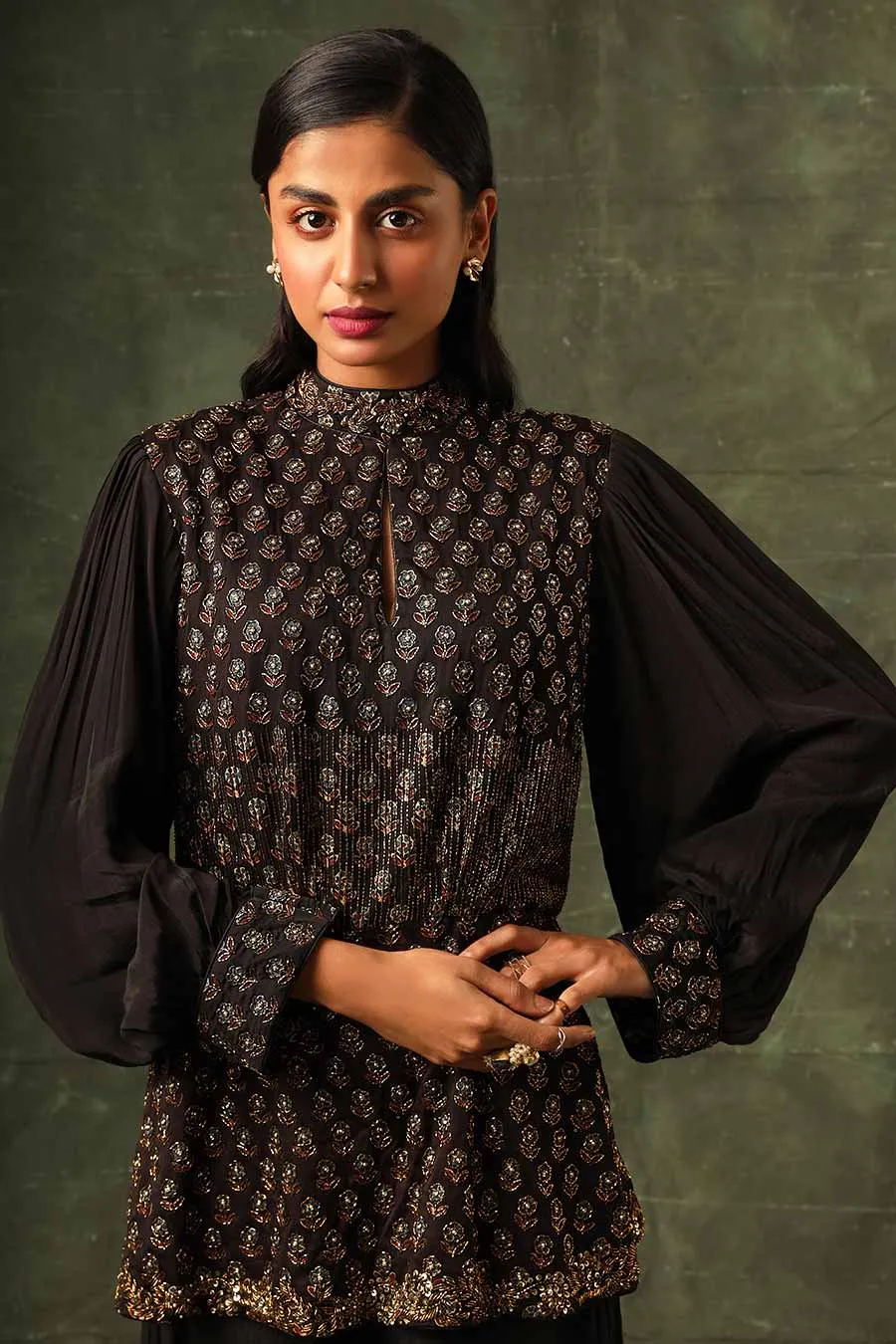 Black Ajrakh Embroidered Peplum Top & Pant Set