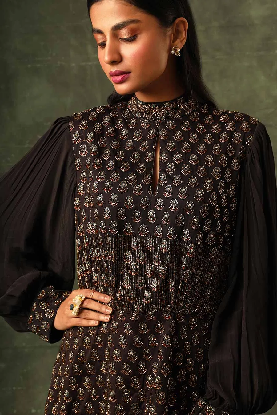 Black Ajrakh Embroidered Peplum Top & Pant Set