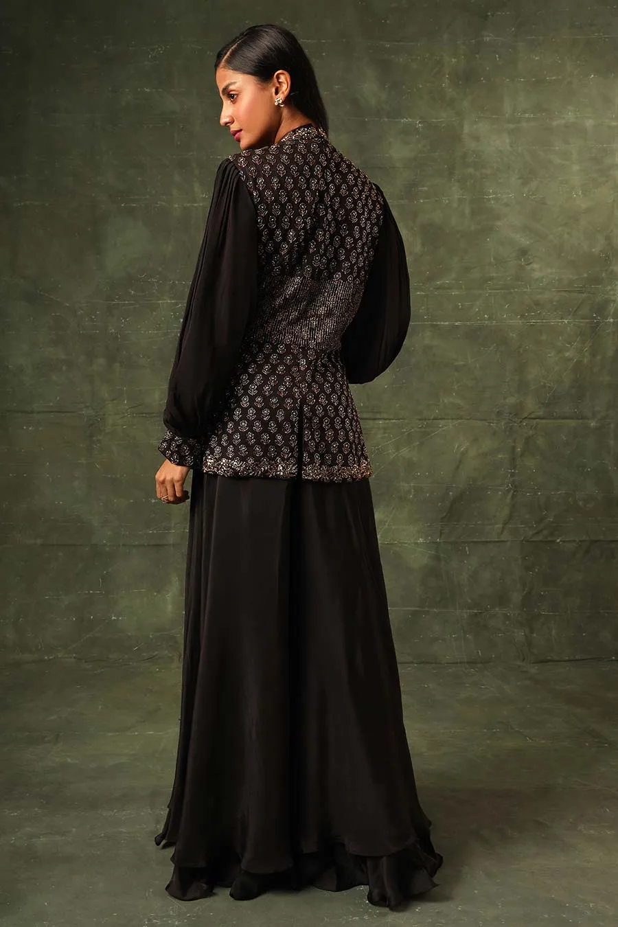 Black Ajrakh Embroidered Peplum Top & Pant Set