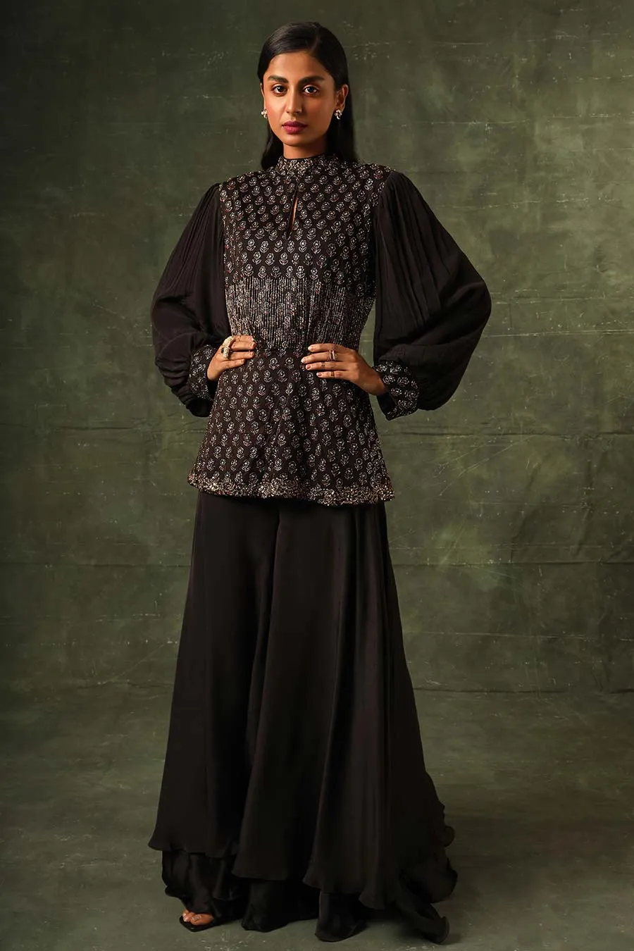 Black Ajrakh Embroidered Peplum Top & Pant Set