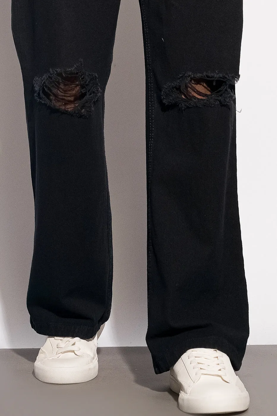 Black Distressed Men's Wide Jeans