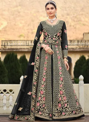 Black Multi Embroidery Slit Style Anarkali Lehenga