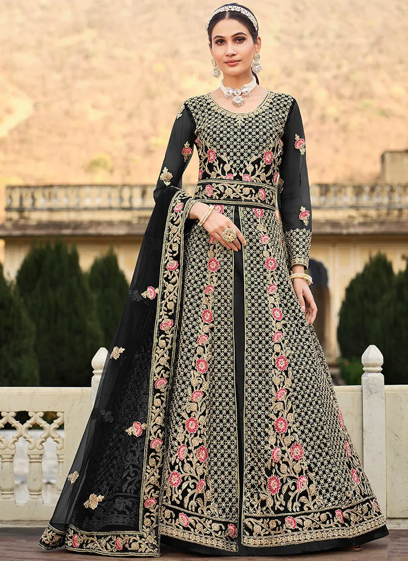 Black Multi Embroidery Slit Style Anarkali Lehenga