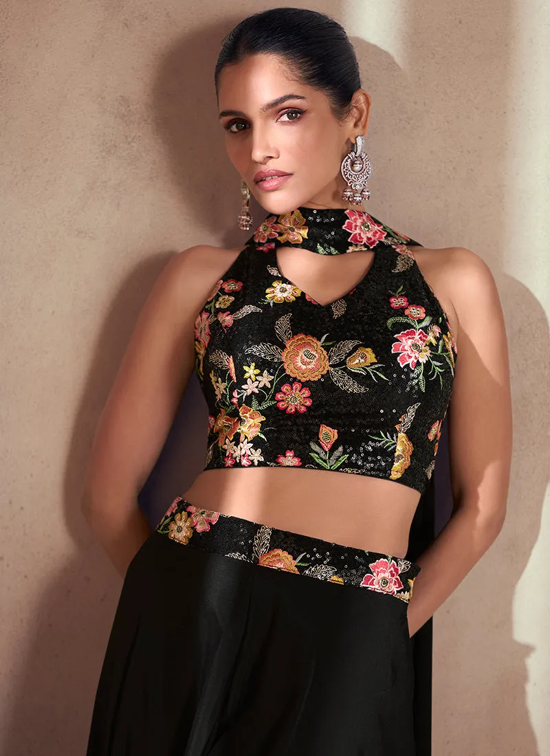 Black Multi Floral Designer Embroidered Co-Ord Palazzo Set