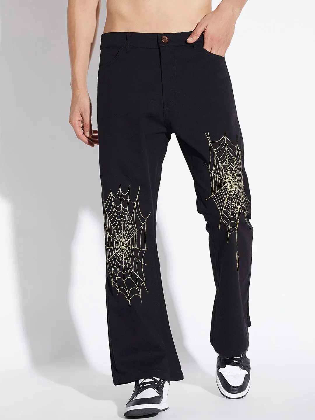 Black Spider Web Flared Pants