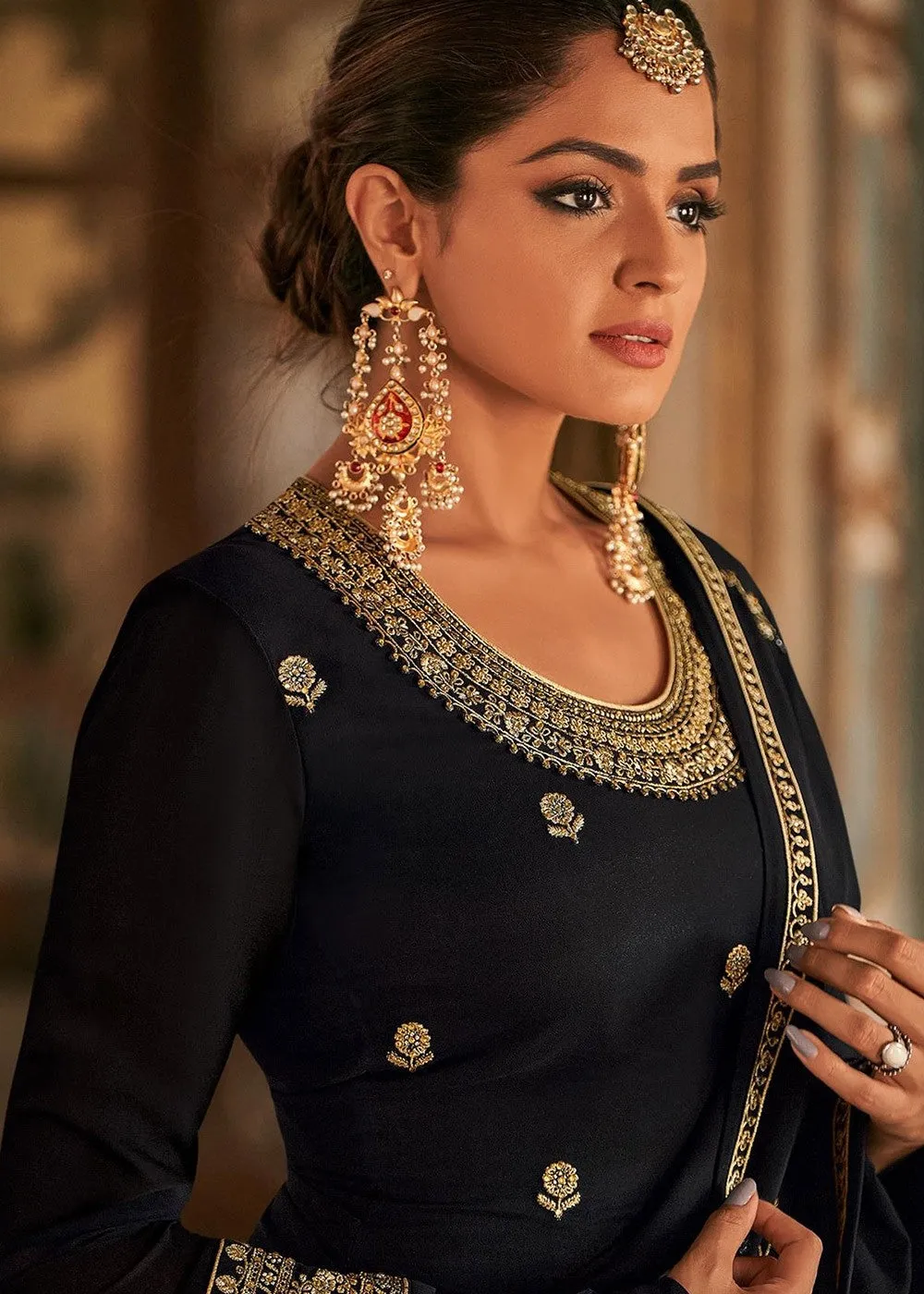 Black Stone Work Embroidered Georgette Sharara Suit