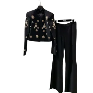 Black Studded Crystal Jacket and Flared Pant Set