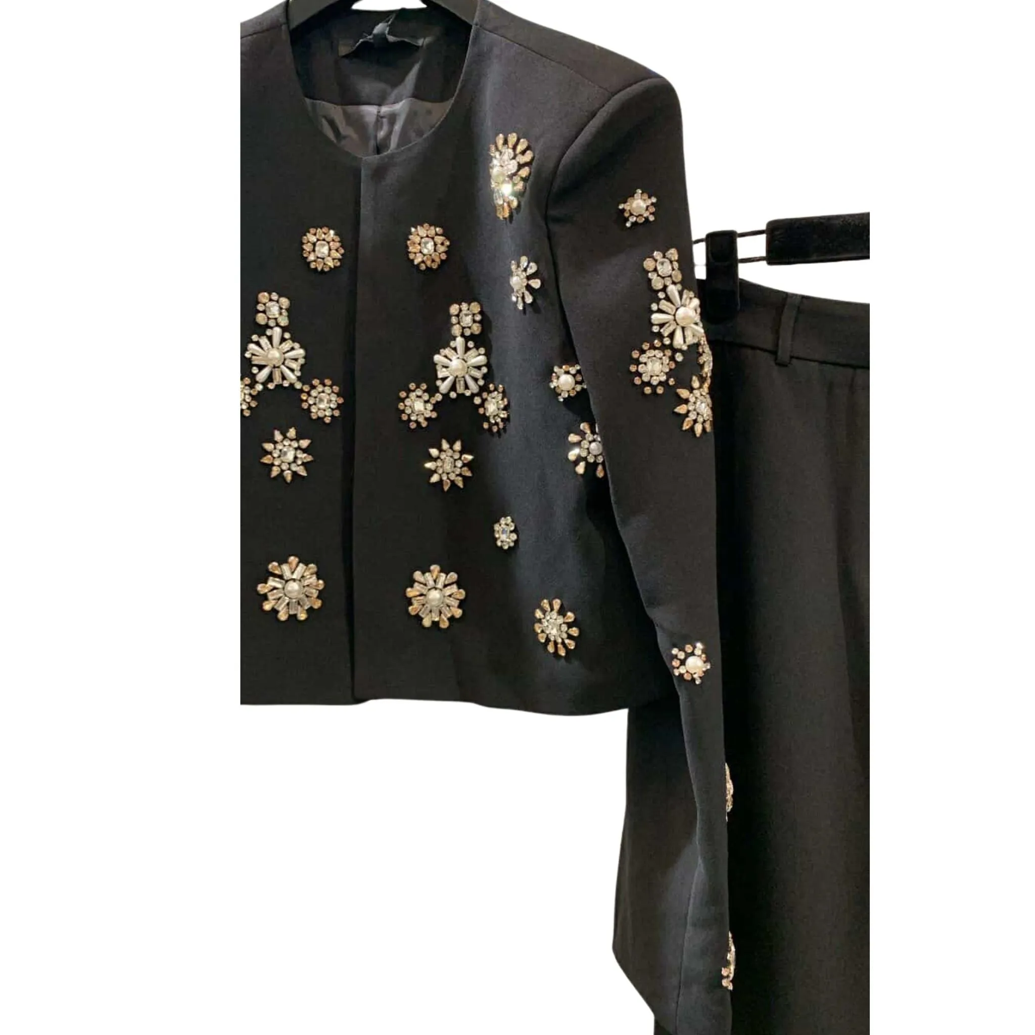 Black Studded Crystal Jacket and Flared Pant Set