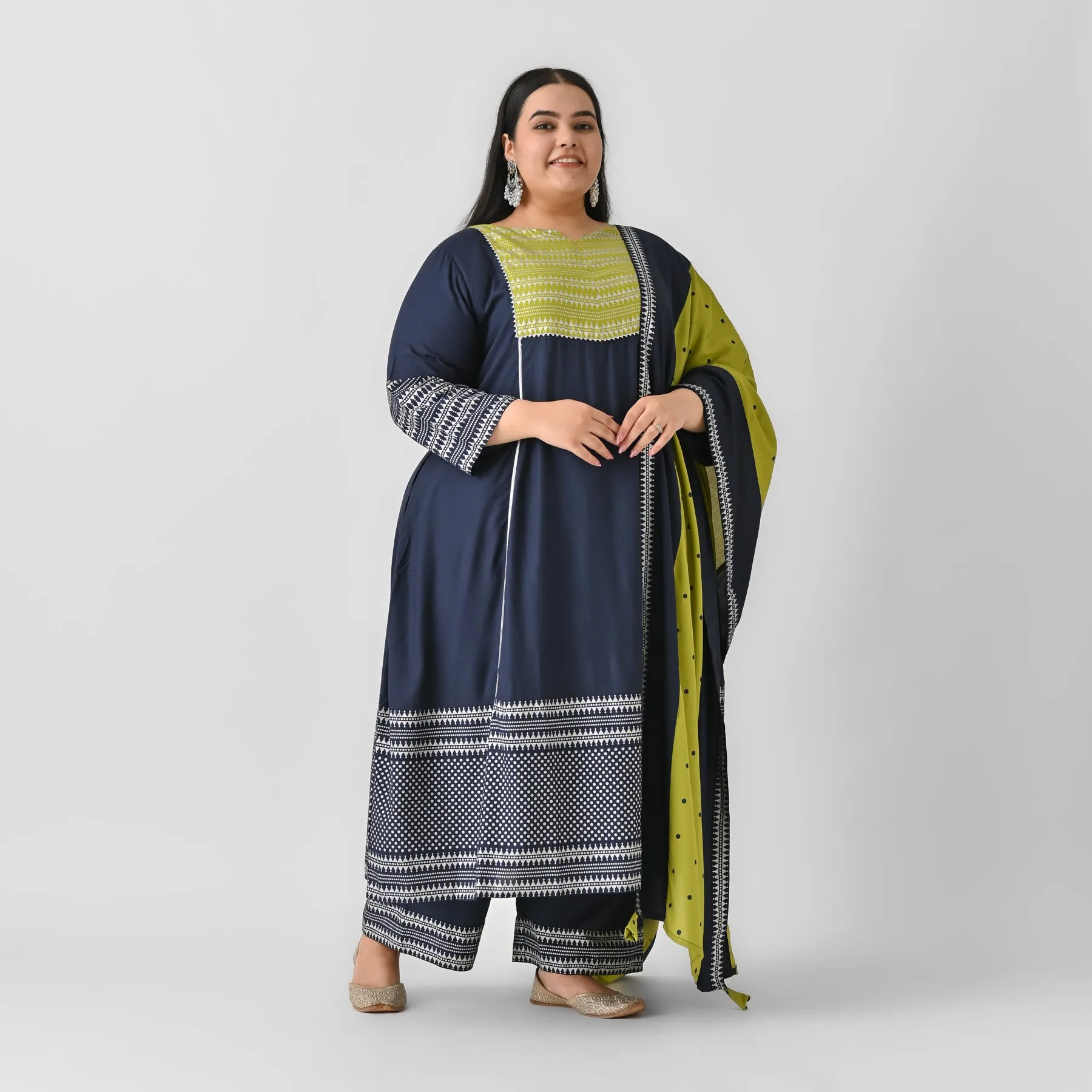 Blue & Olive Silver Printed Flared Kurta Dupatta Set with Gota Details - SOM