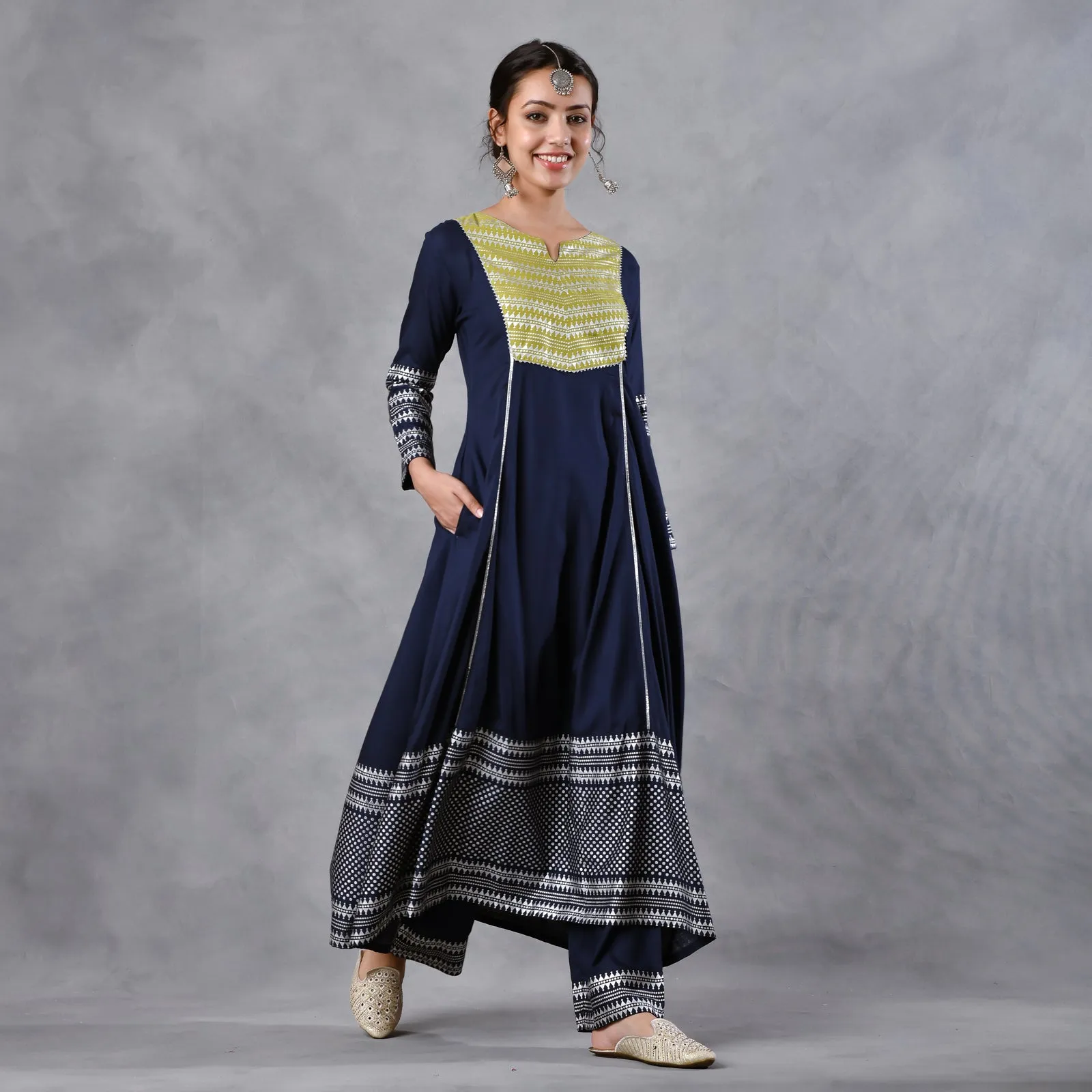 Blue & Olive Silver Printed Flared Kurta Dupatta Set with Gota Details