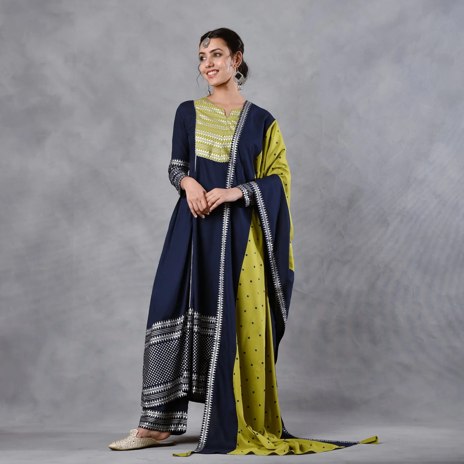 Blue & Olive Silver Printed Flared Kurta Dupatta Set with Gota Details