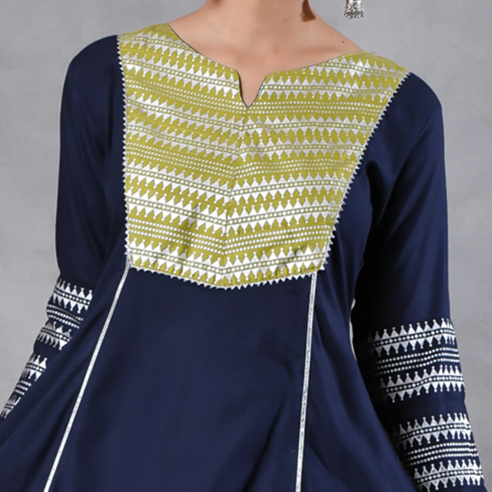 Blue & Olive Silver Printed Flared Kurta Dupatta Set with Gota Details