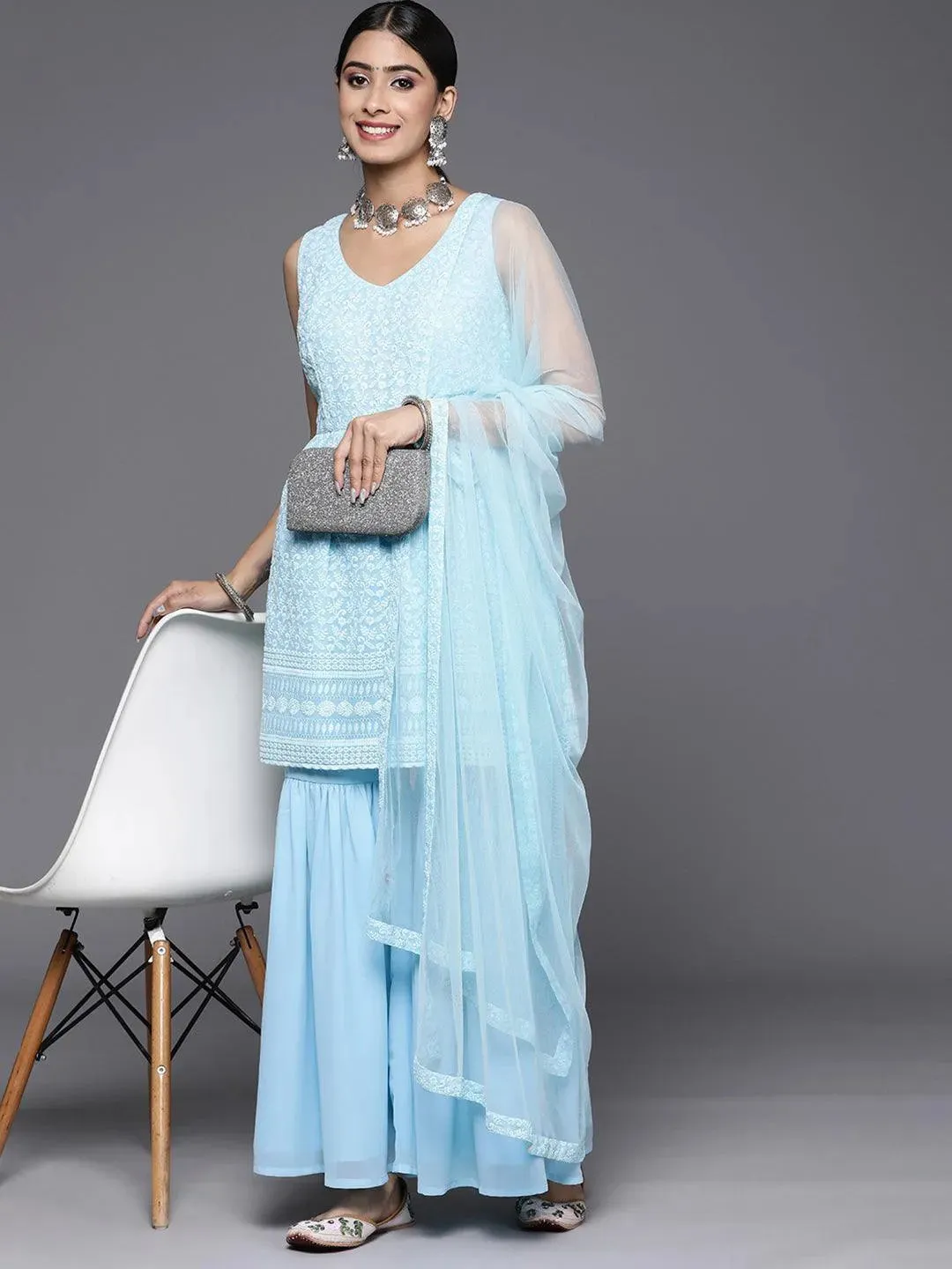 Blue Embroidered Georgette A-Line Sharara Suit Set With Dupatta