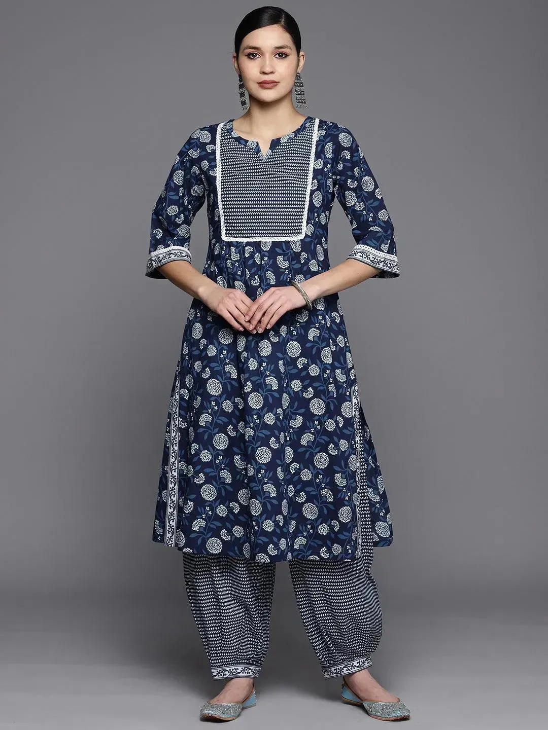 Blue Printed Cotton A-Line Kurta With Salwar