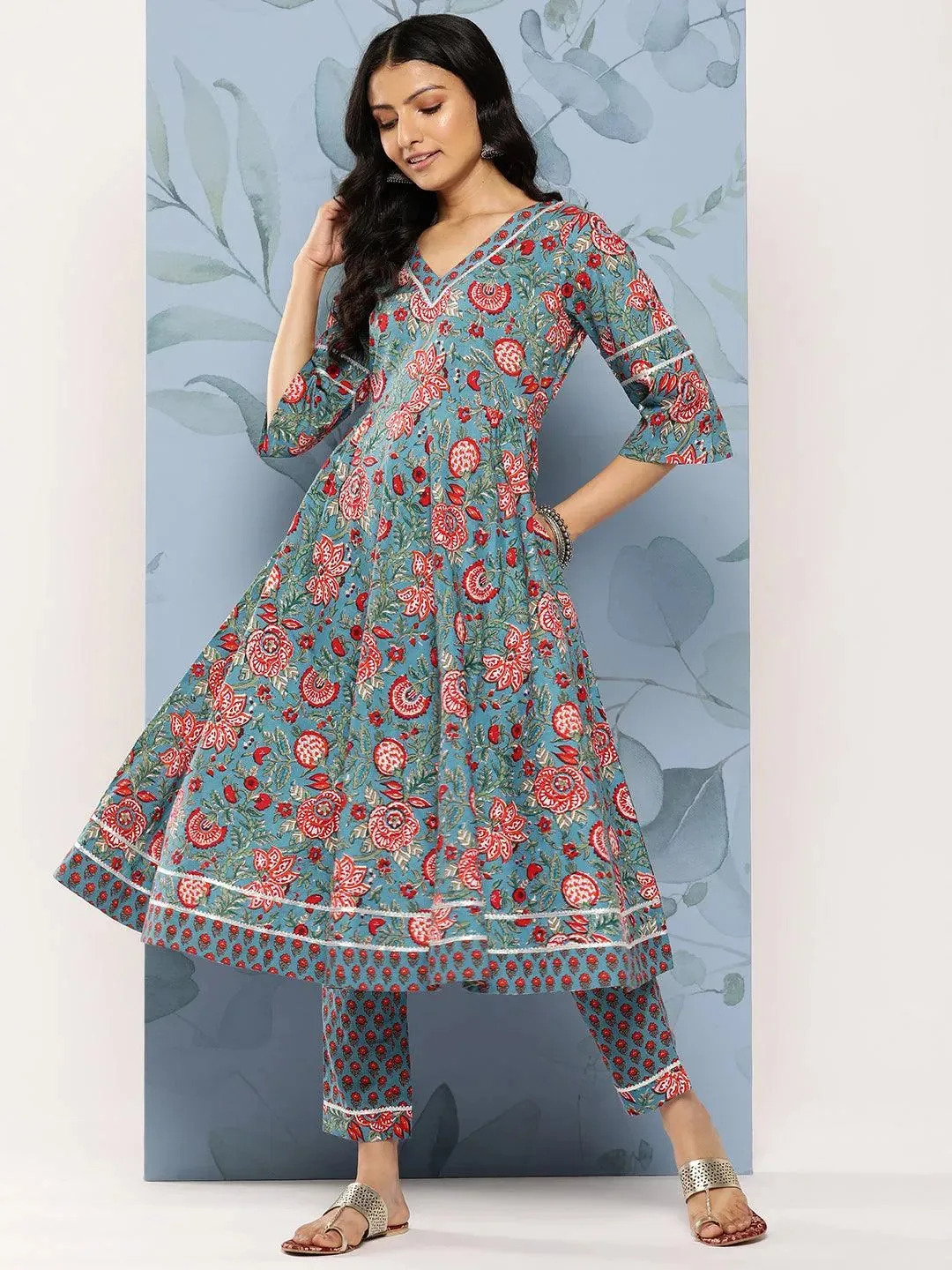 Blue Printed Cotton Anarkali Kurta With Trousers