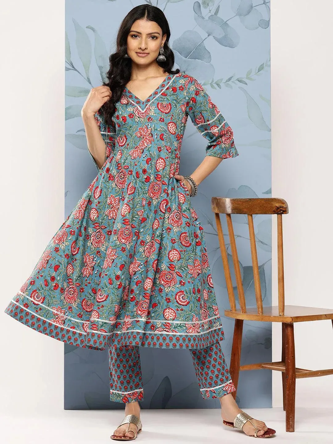 Blue Printed Cotton Anarkali Kurta With Trousers