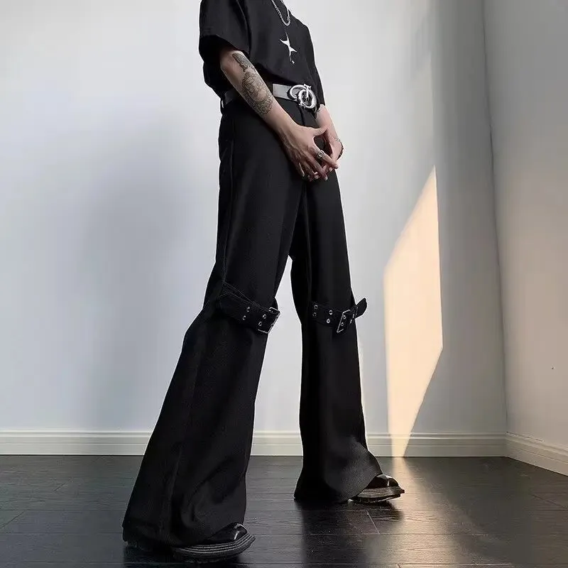 Bonsir 90s Streetwear Pants Straight Leg Belt Decoration Flared Pants Straight Leg Casual Pants Men