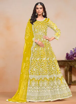 Bright Yellow Designer Embroidery Festive Anarkali Suit