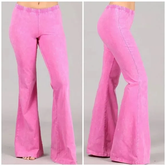 Bubble Gum Pink Boho Mineral Wash Flared Bell Bottom Stretch Pull On Pants Women