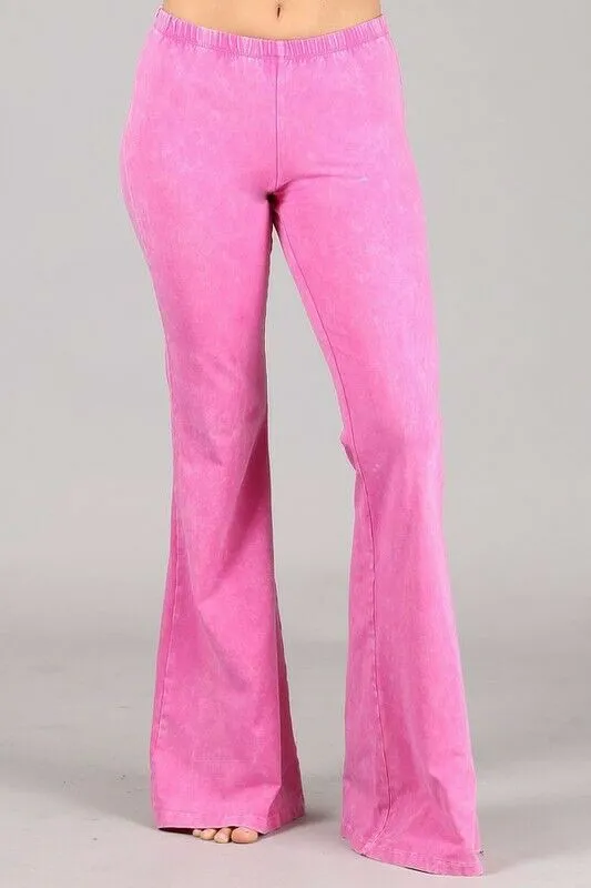 Bubble Gum Pink Boho Mineral Wash Flared Bell Bottom Stretch Pull On Pants Women